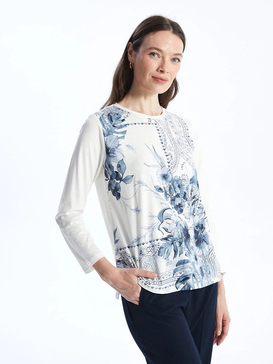 Women's 100% Cotton Crew Neck Long Sleeve Printed Blouse