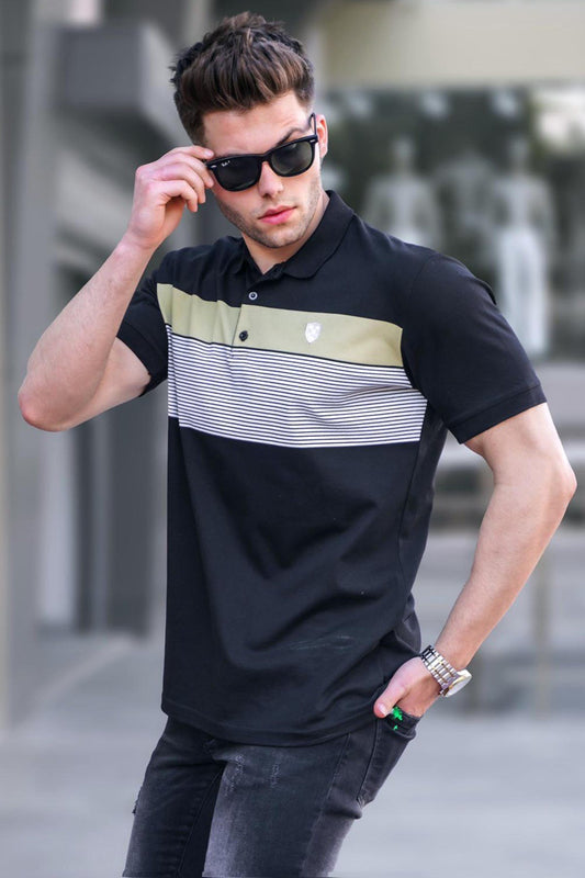 Men's 95% Cotton Black Striped Polo T-Shirt